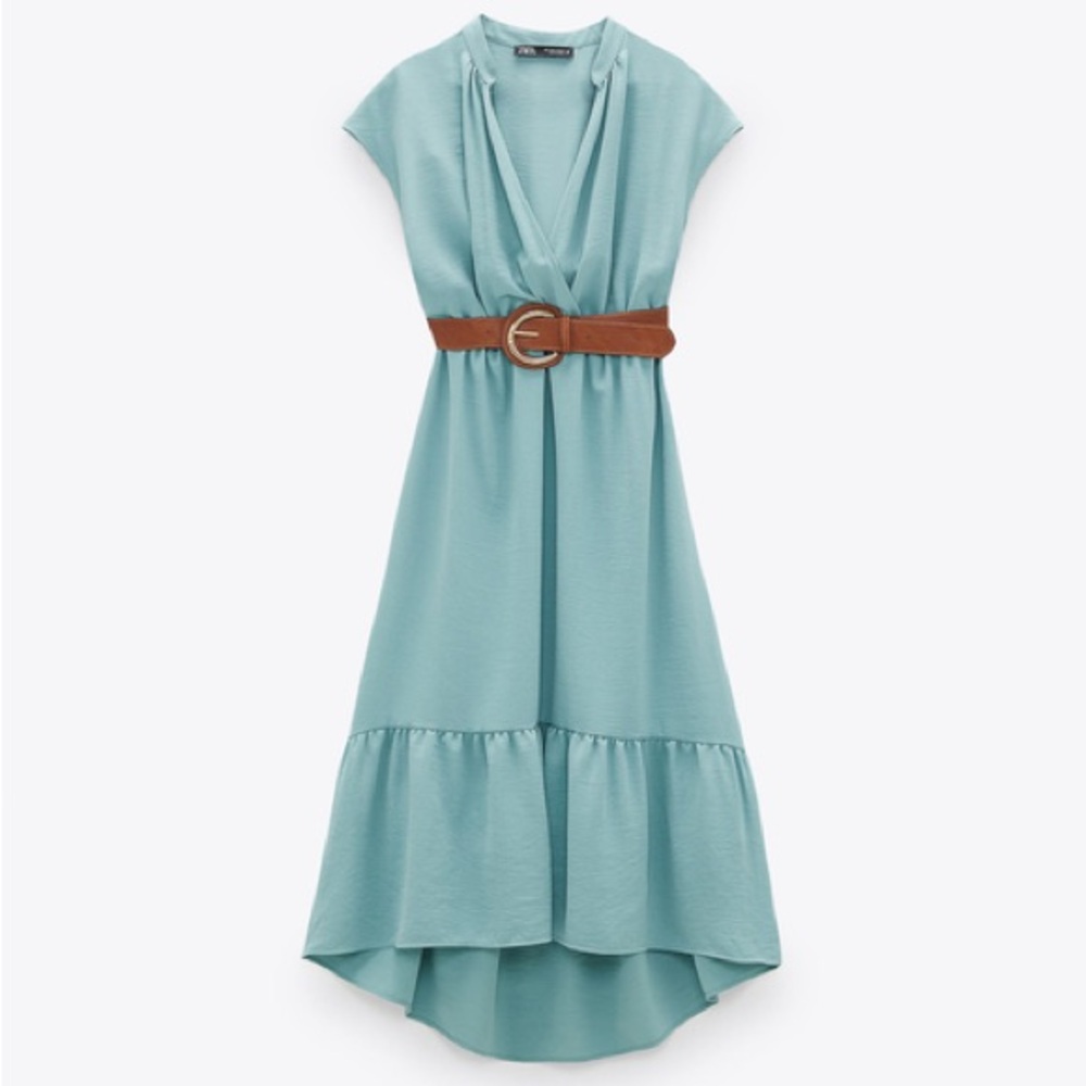 Zara High Low Teal Dress with Brown Belt
